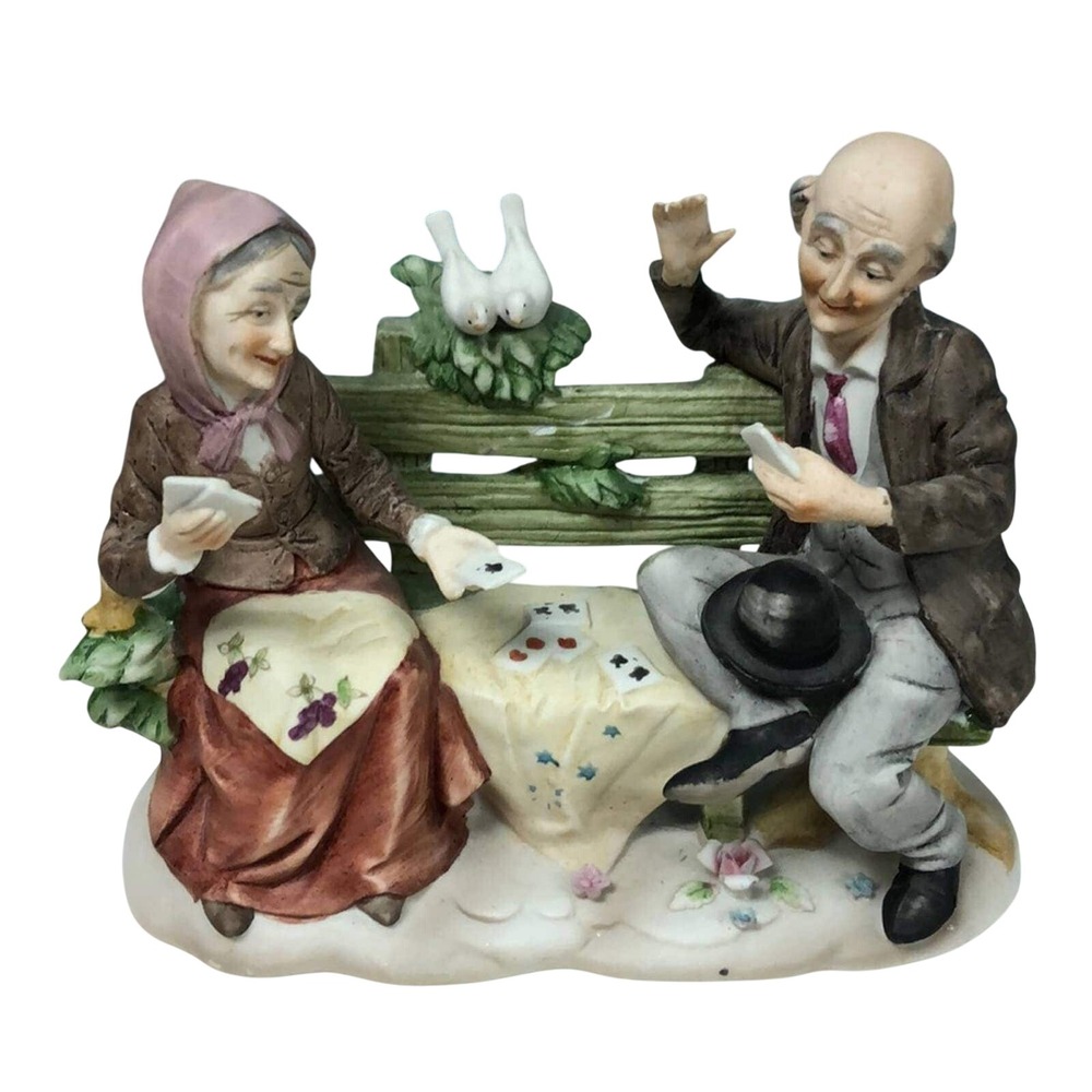Vintage LEFTON Ceramic Man &‎ Woman Playing Cards Figurine on Bench with Doves